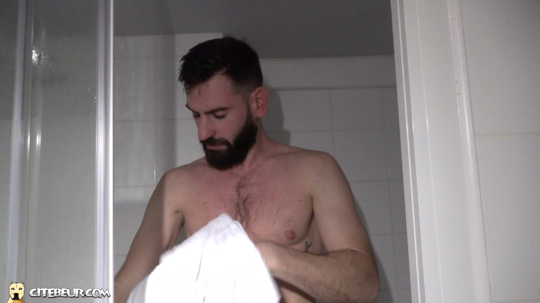 Hot gay bearded man with a curved cock